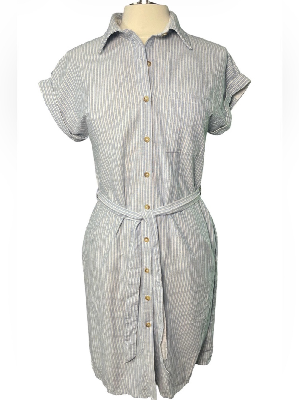 Cotton Striped Button-Front Shirt Dress with Waist Tie - Light Blue Small